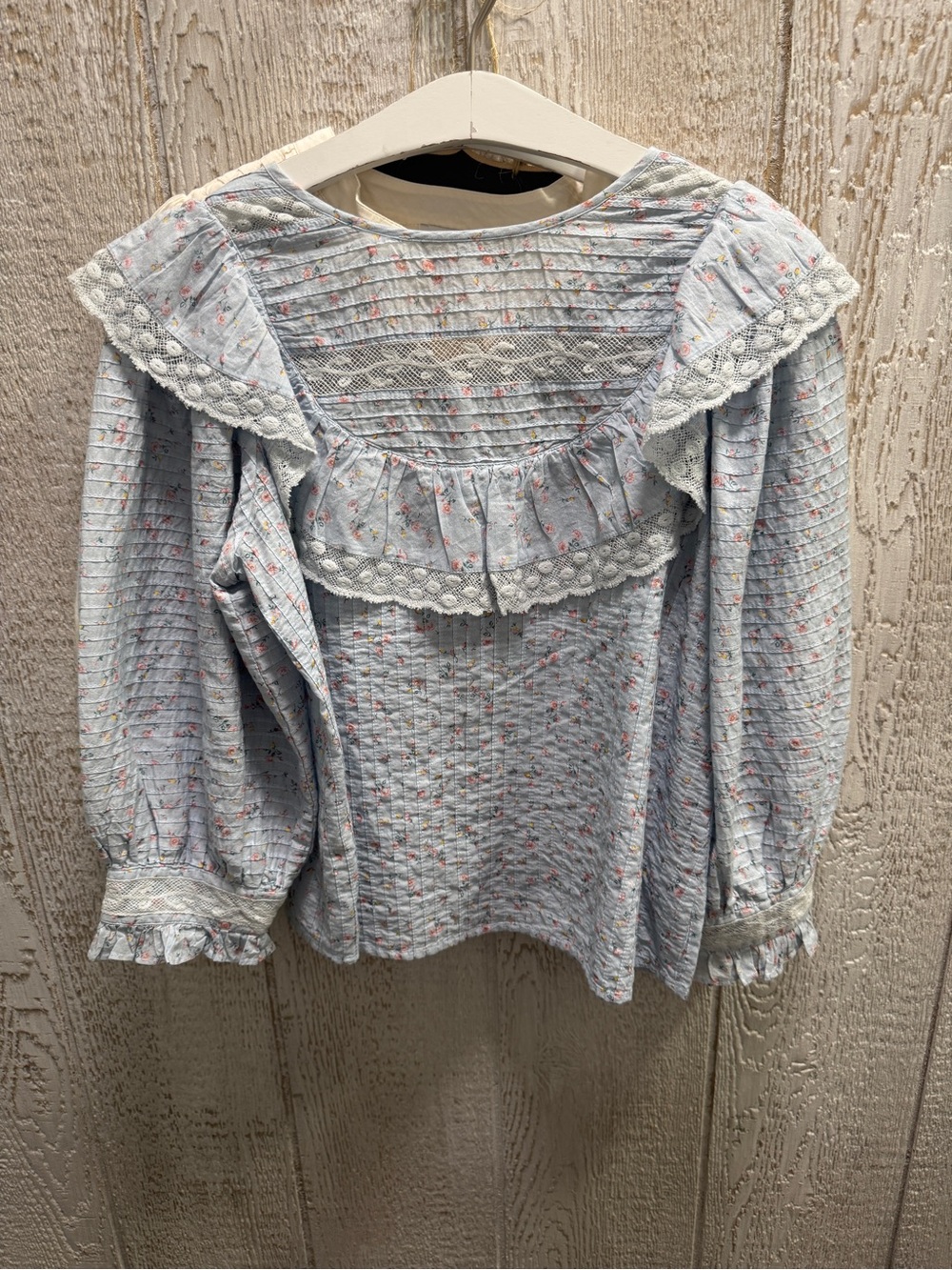 LoveShackFancy Canna Blouse blue floral print featuring lace detailing small